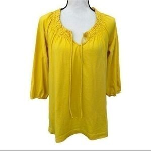 Theory womens yellow cotton blend peasant blouse with ruched neck line and tie S